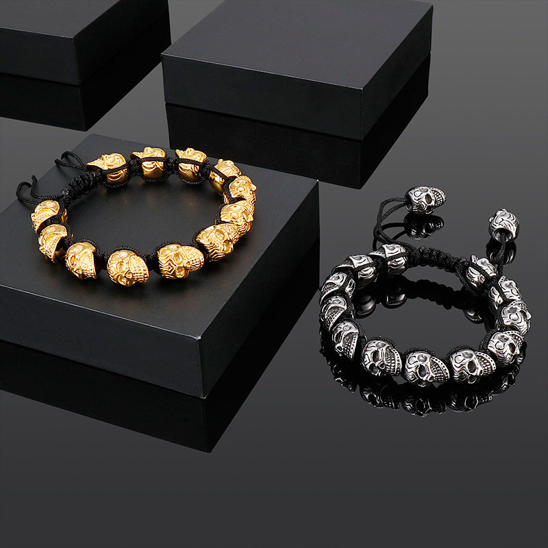 Hand-woven sterling silver skull bracelet