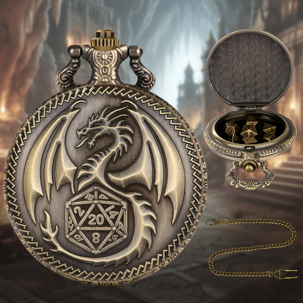 Dragon-Shaped D&D Style Pocket Watch Dice Set 