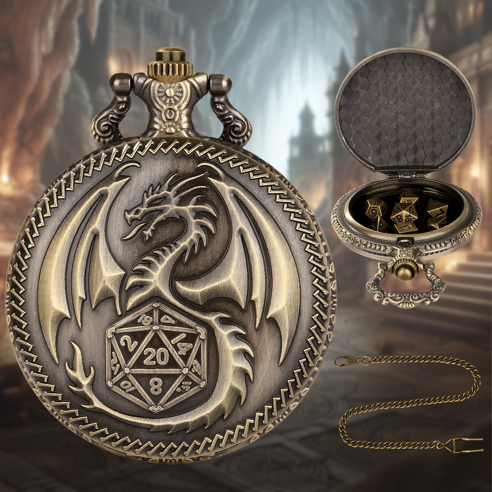 Dragon-Shaped D&D Style Pocket Watch Dice Set 