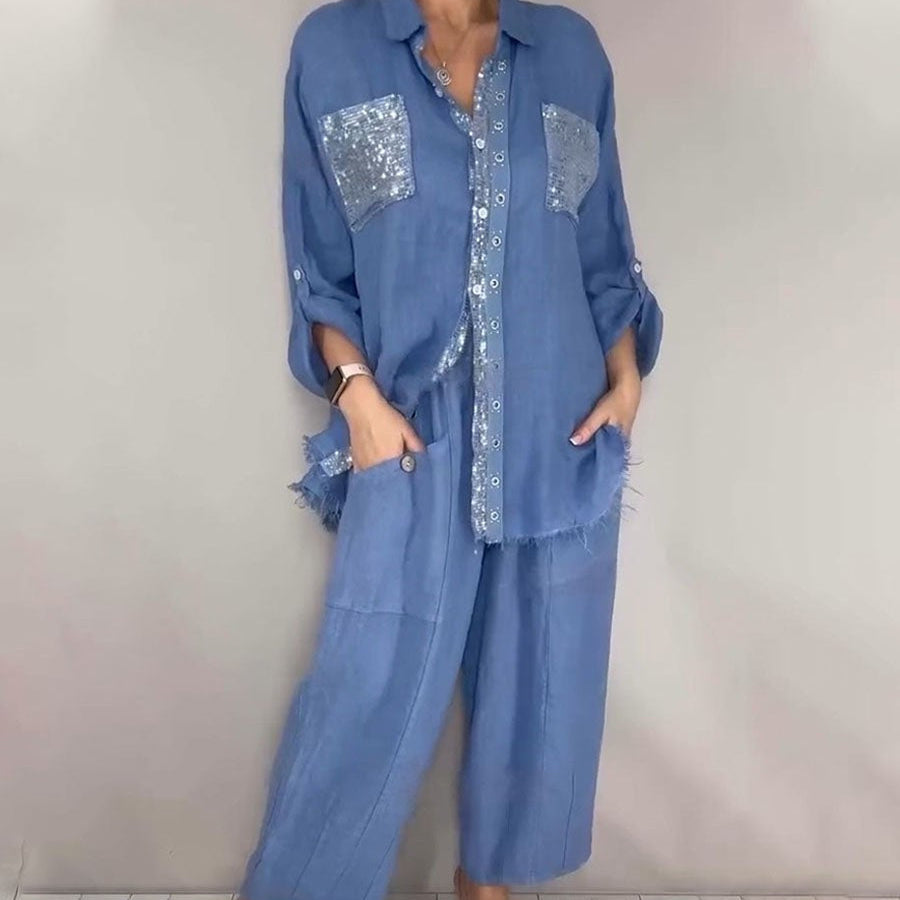 Women's Casual Crew Neck Set with Pockets and Sequin Trim