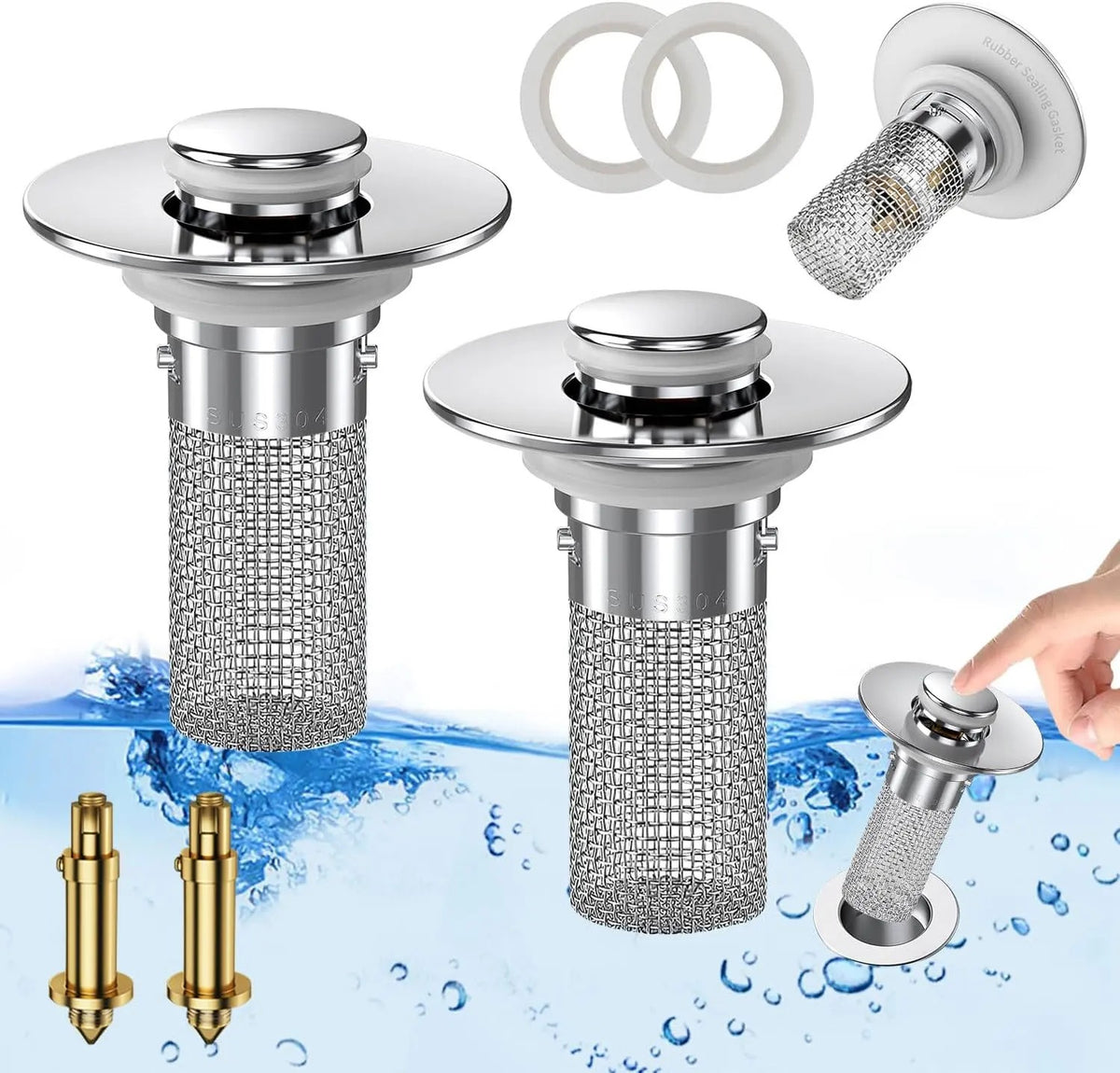 Pop-Up Bathroom Sink Stopper with Hair Catcher — Hold Water, Catch Hair, Clean Up Easily