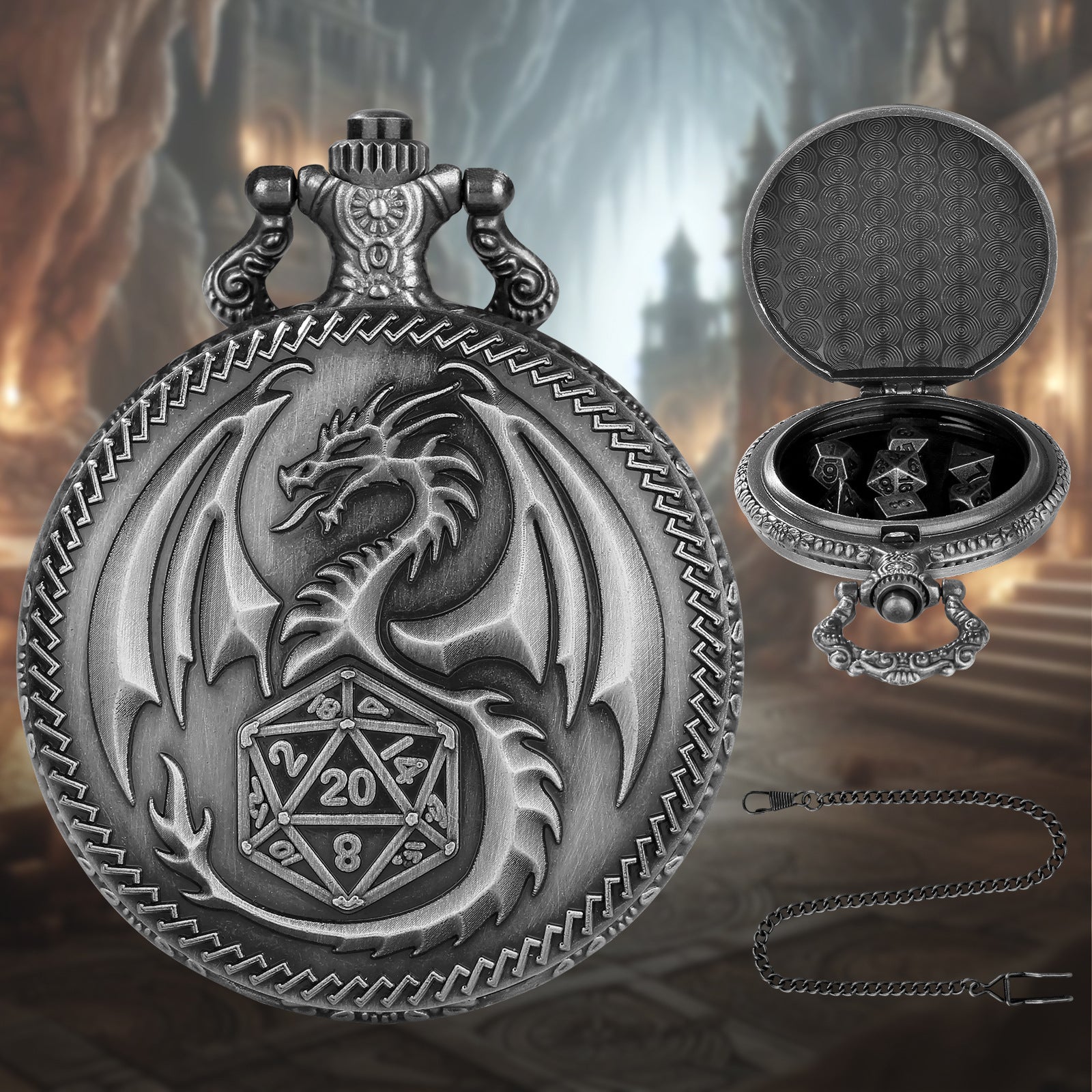 Dragon-Shaped D&D Style Pocket Watch Dice Set 