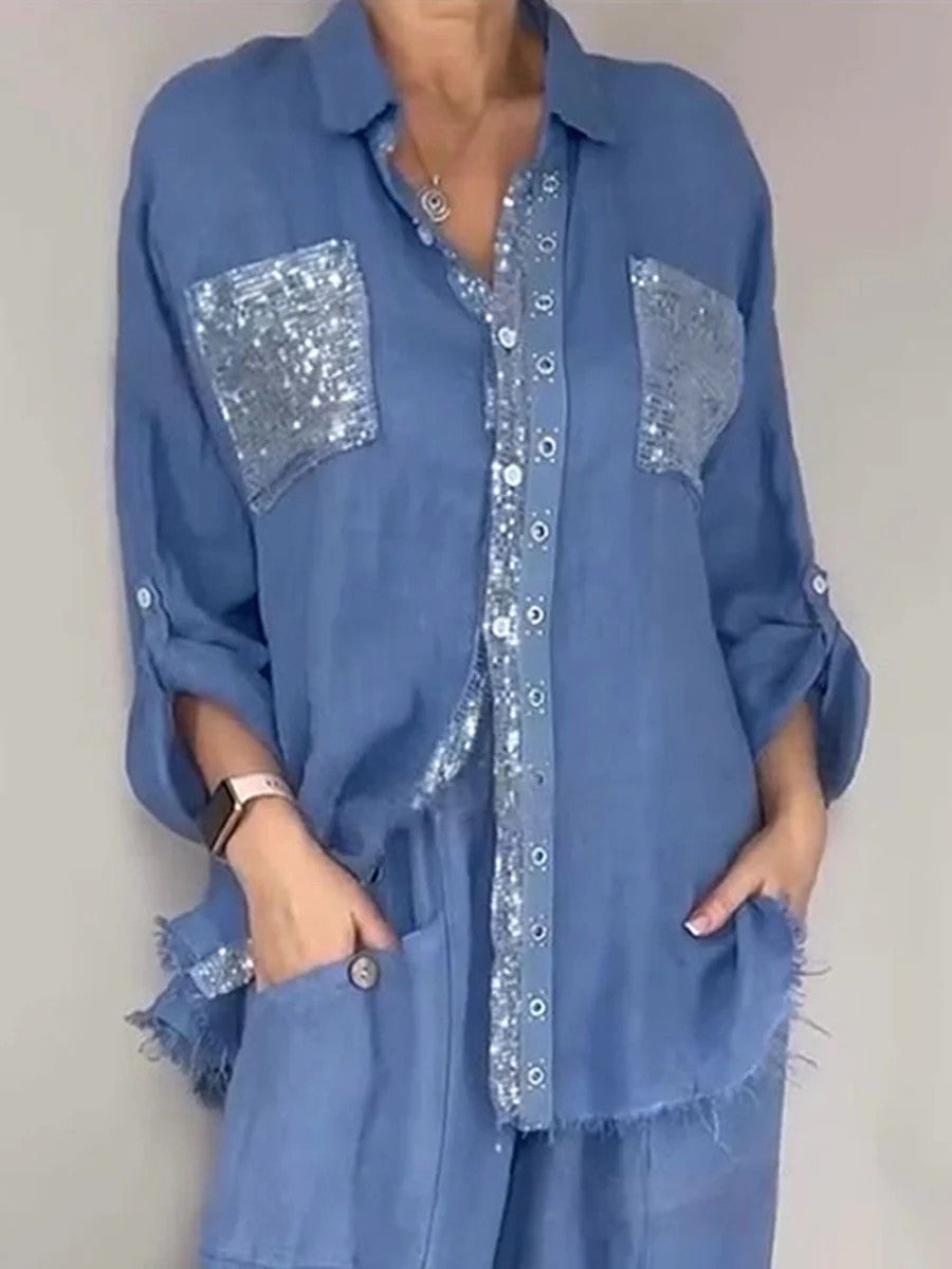 Women's Casual Crew Neck Set with Pockets and Sequin Trim