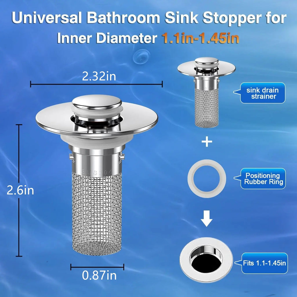 Pop-Up Bathroom Sink Stopper with Hair Catcher — Hold Water, Catch Hair, Clean Up Easily