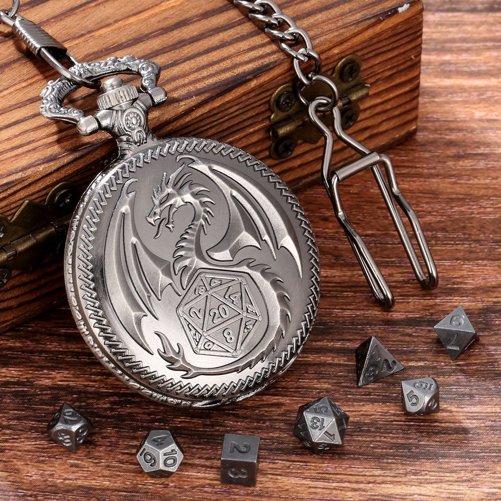 Dragon-Shaped D&D Style Pocket Watch Dice Set 
