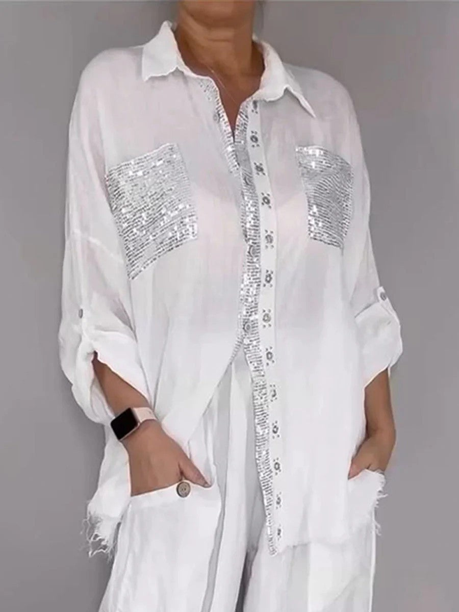Women's Casual Crew Neck Set with Pockets and Sequin Trim