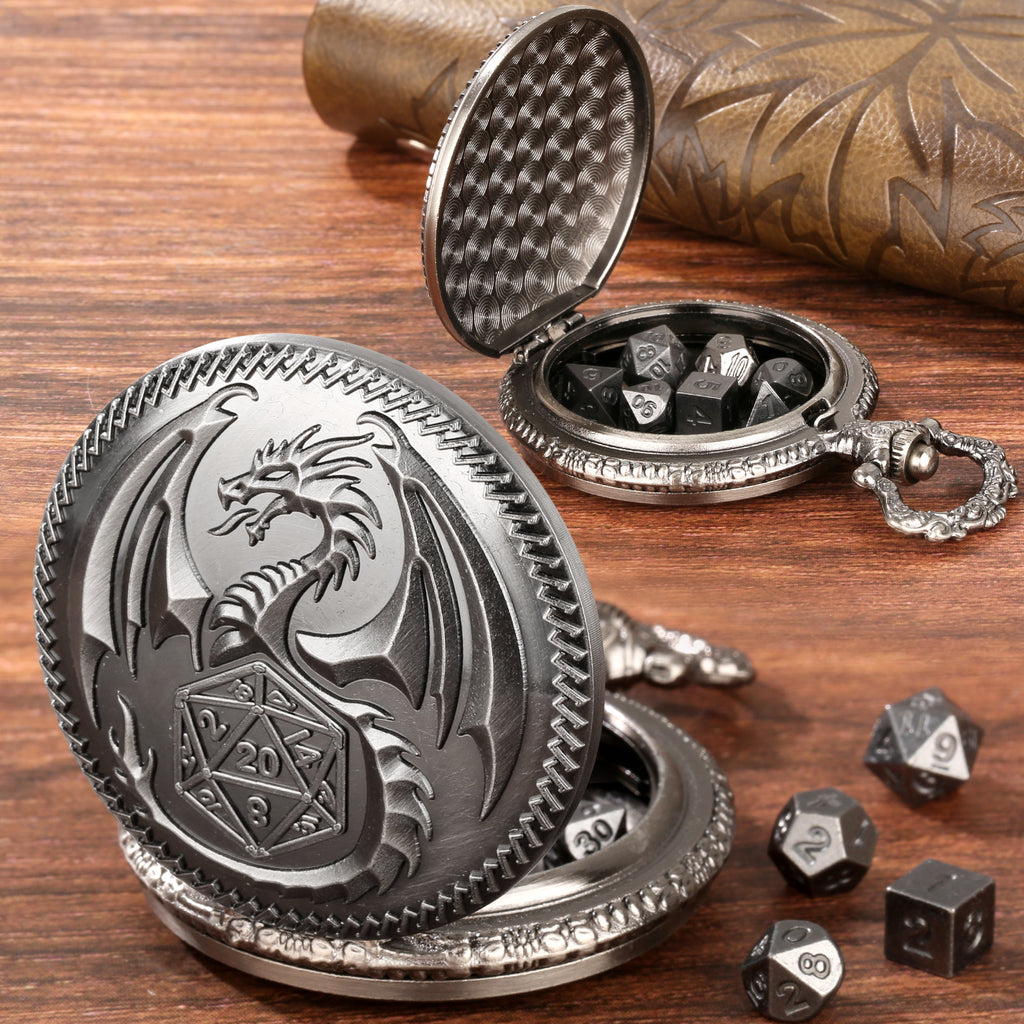 Dragon-Shaped D&D Style Pocket Watch Dice Set 
