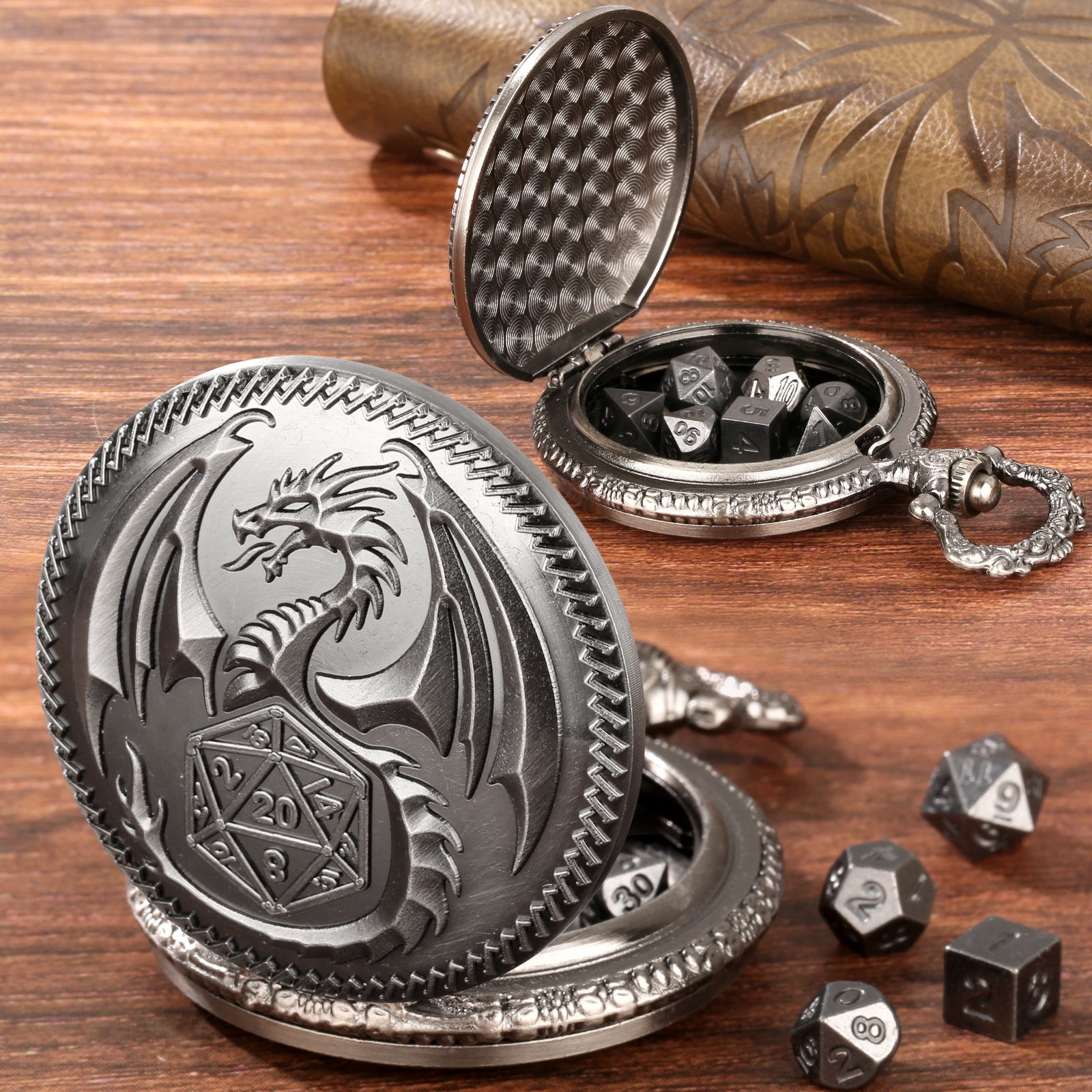 Dragon-Shaped D&D Style Pocket Watch Dice Set 