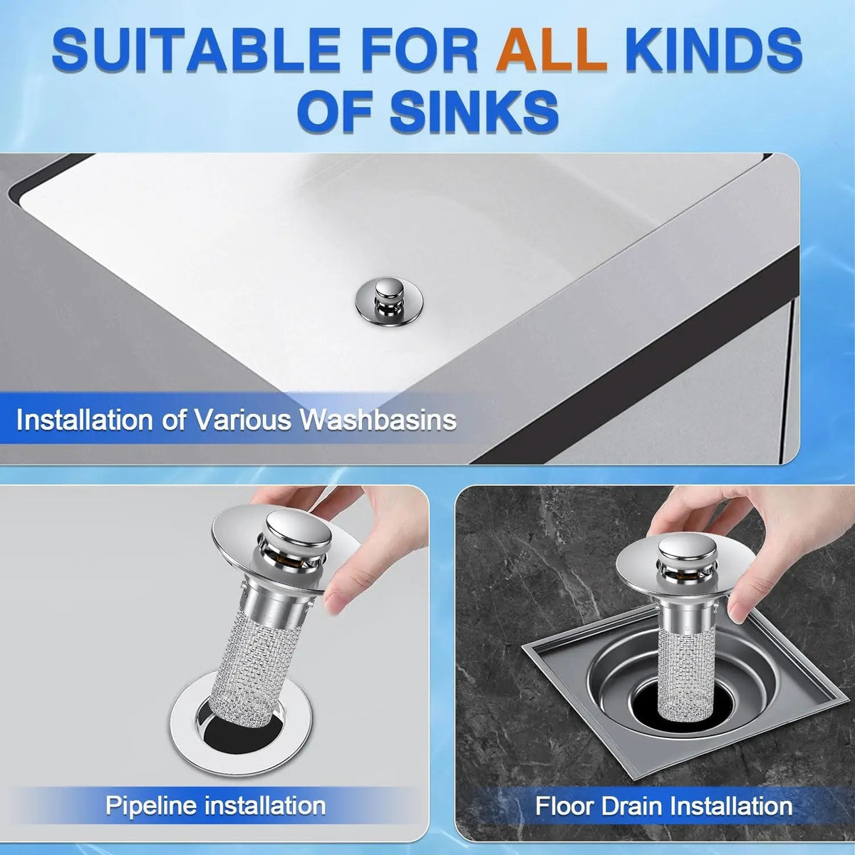 Pop-Up Bathroom Sink Stopper with Hair Catcher — Hold Water, Catch Hair, Clean Up Easily