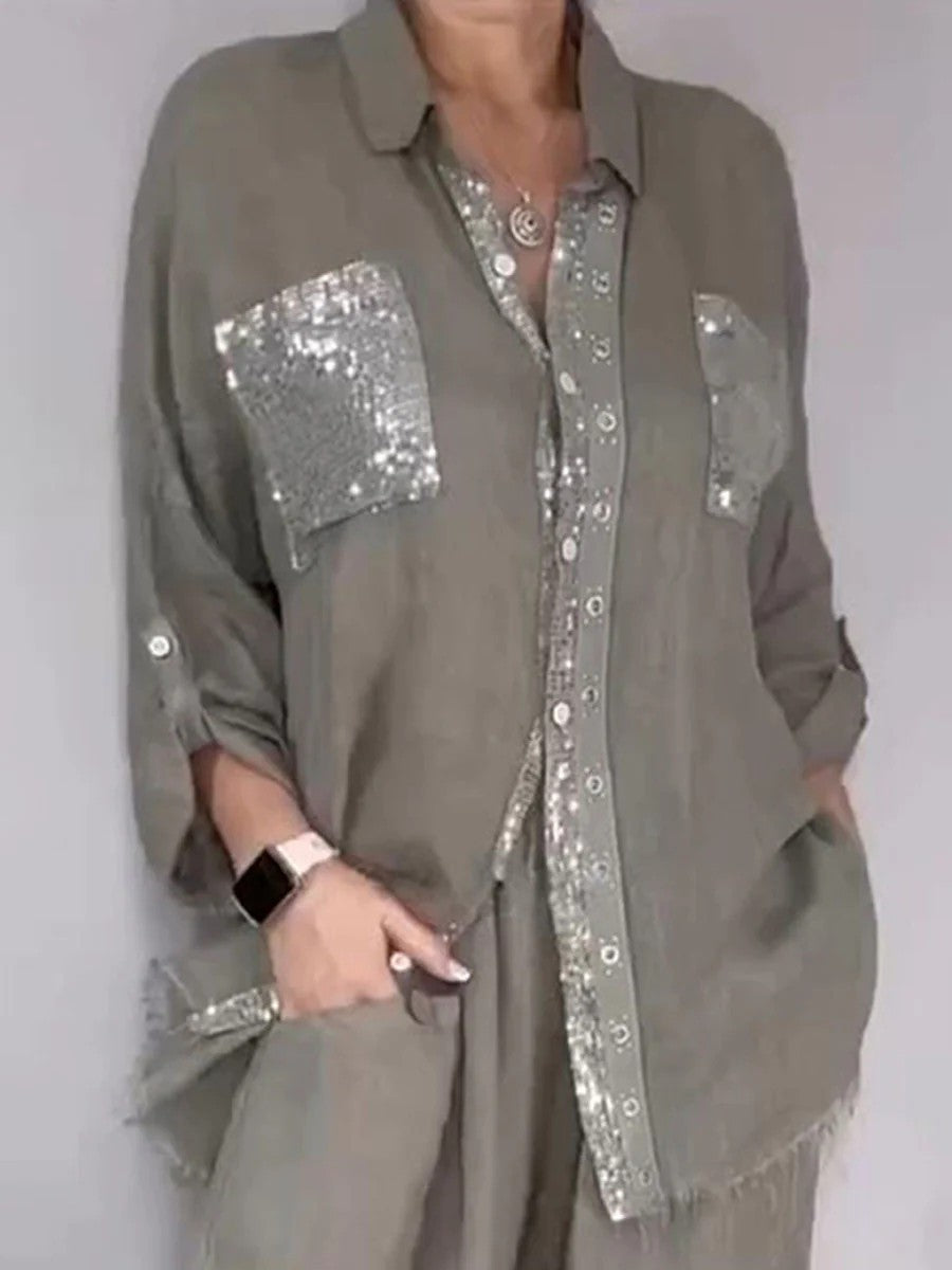 Women's Casual Crew Neck Set with Pockets and Sequin Trim