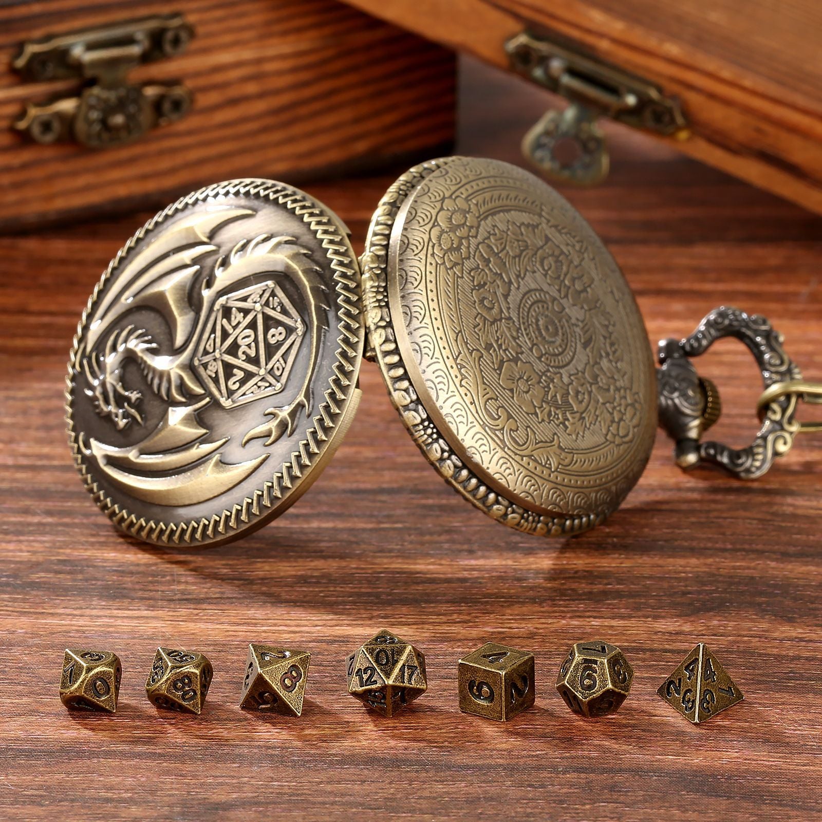Dragon-Shaped D&D Style Pocket Watch Dice Set 