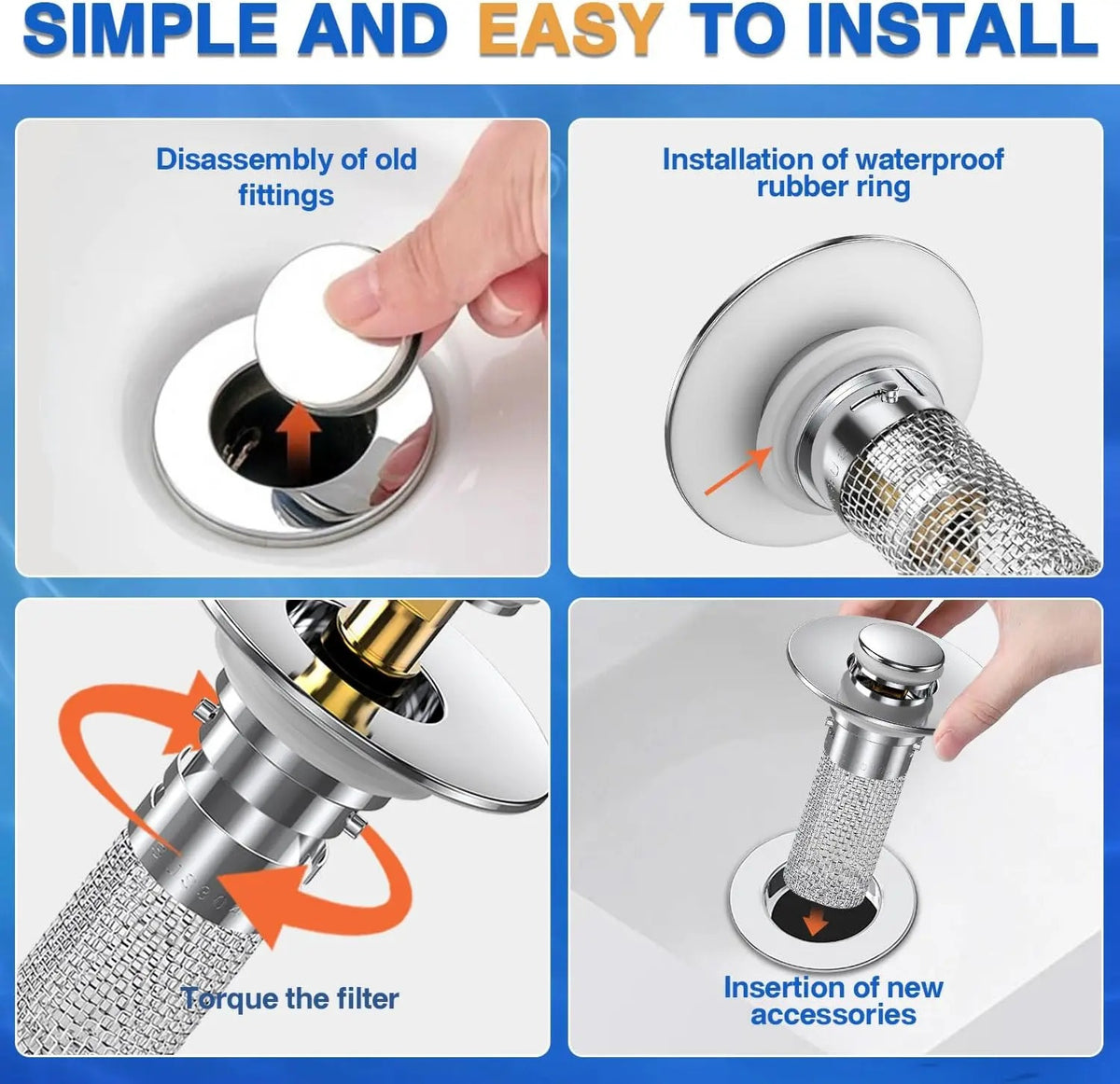 Pop-Up Bathroom Sink Stopper with Hair Catcher — Hold Water, Catch Hair, Clean Up Easily