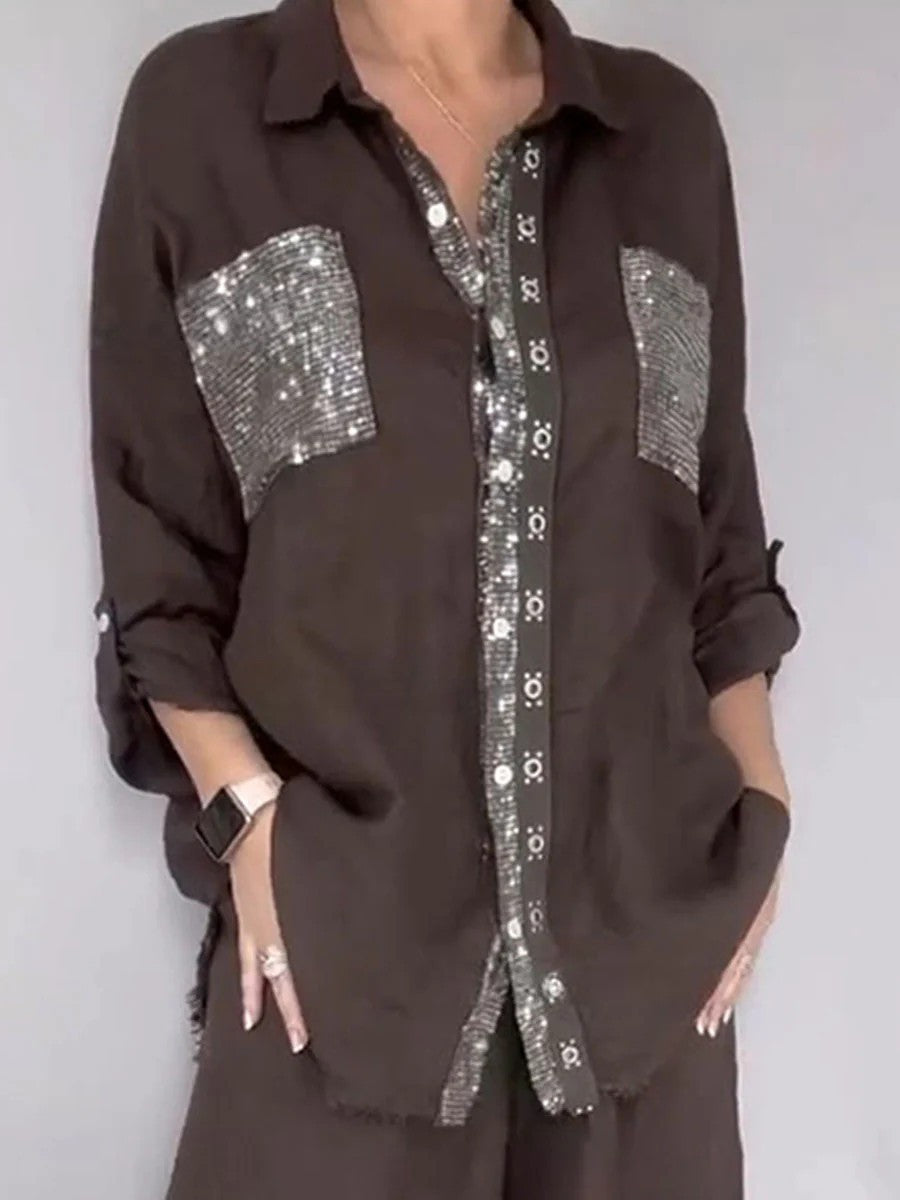 Women's Casual Crew Neck Set with Pockets and Sequin Trim
