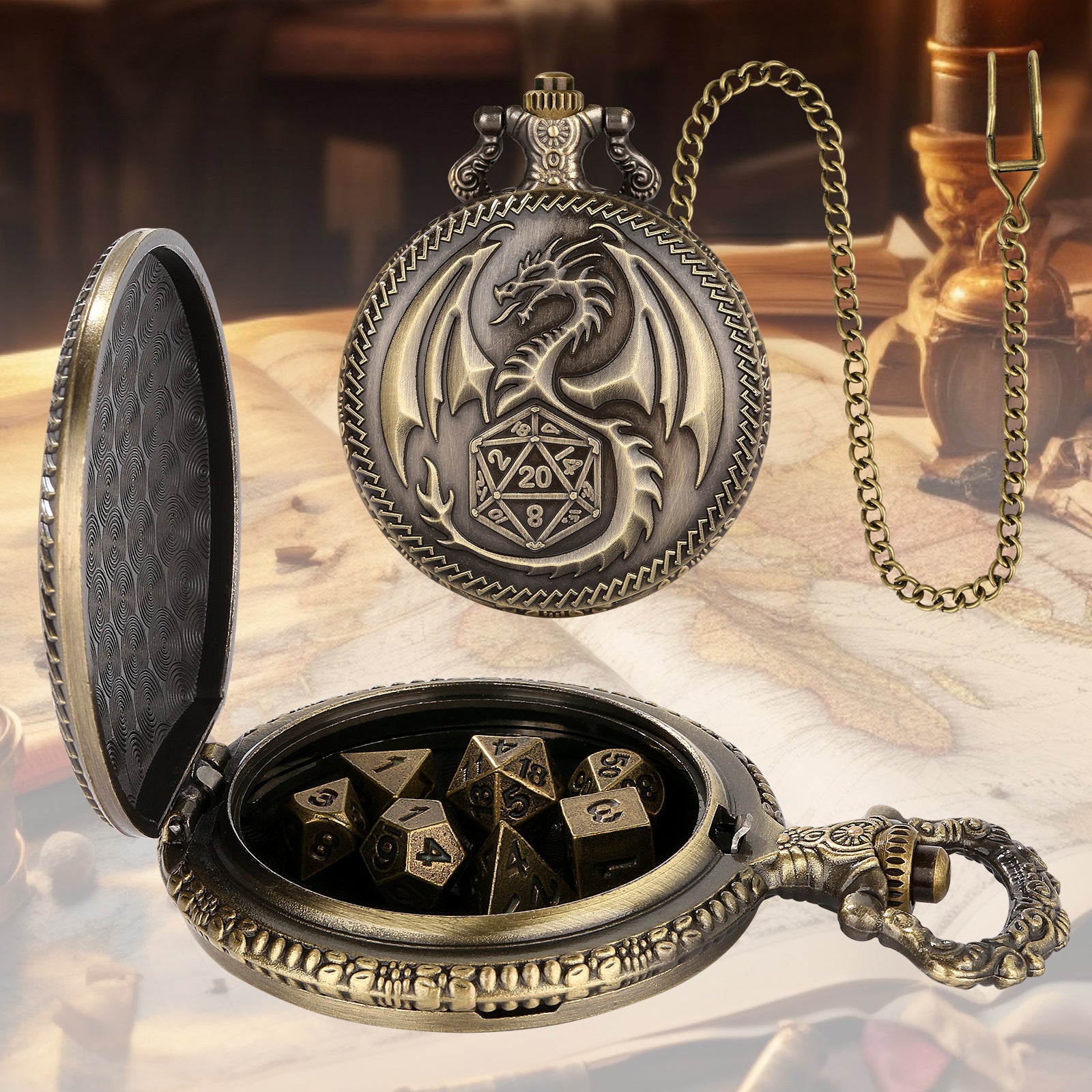 Dragon-Shaped D&D Style Pocket Watch Dice Set 