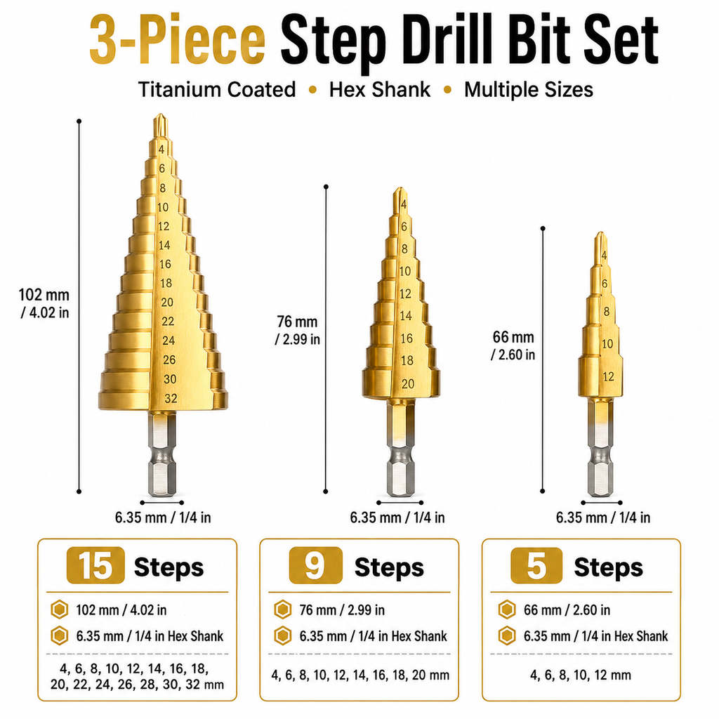 3-Piece Titanium Step Drill Bit Set