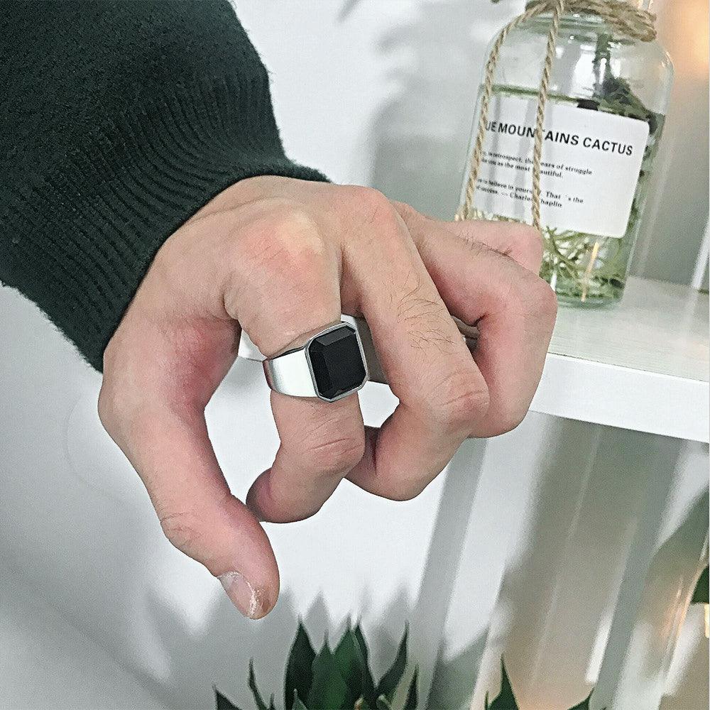 Black Gem Stone Stainless Steel Ring
