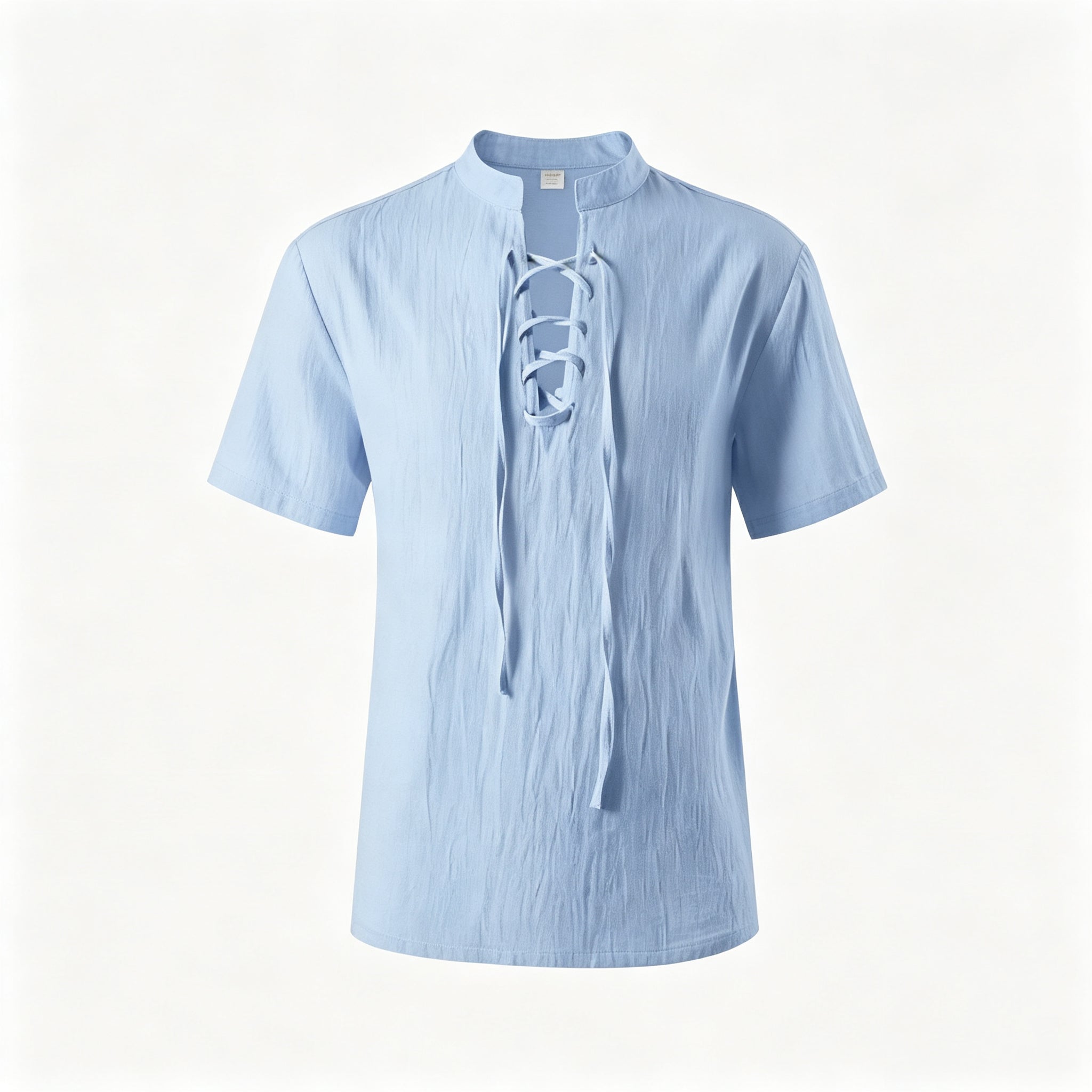 Men’s Textured Lace-Up Henley Shirt – Short Sleeve Linen Cotton Casual Fit Tee