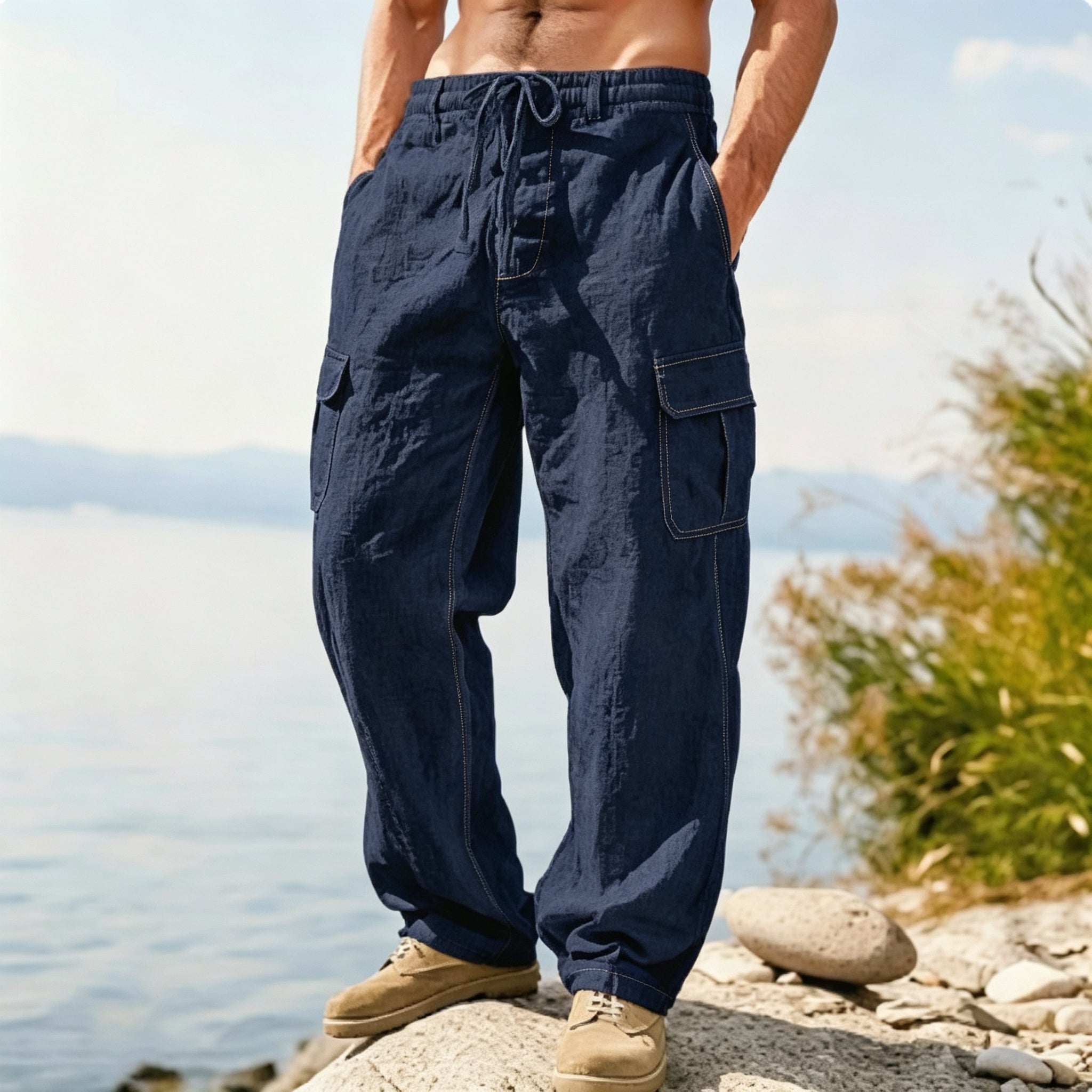 Men's Lightweight Linen Blend Drawstring Cargo Pants