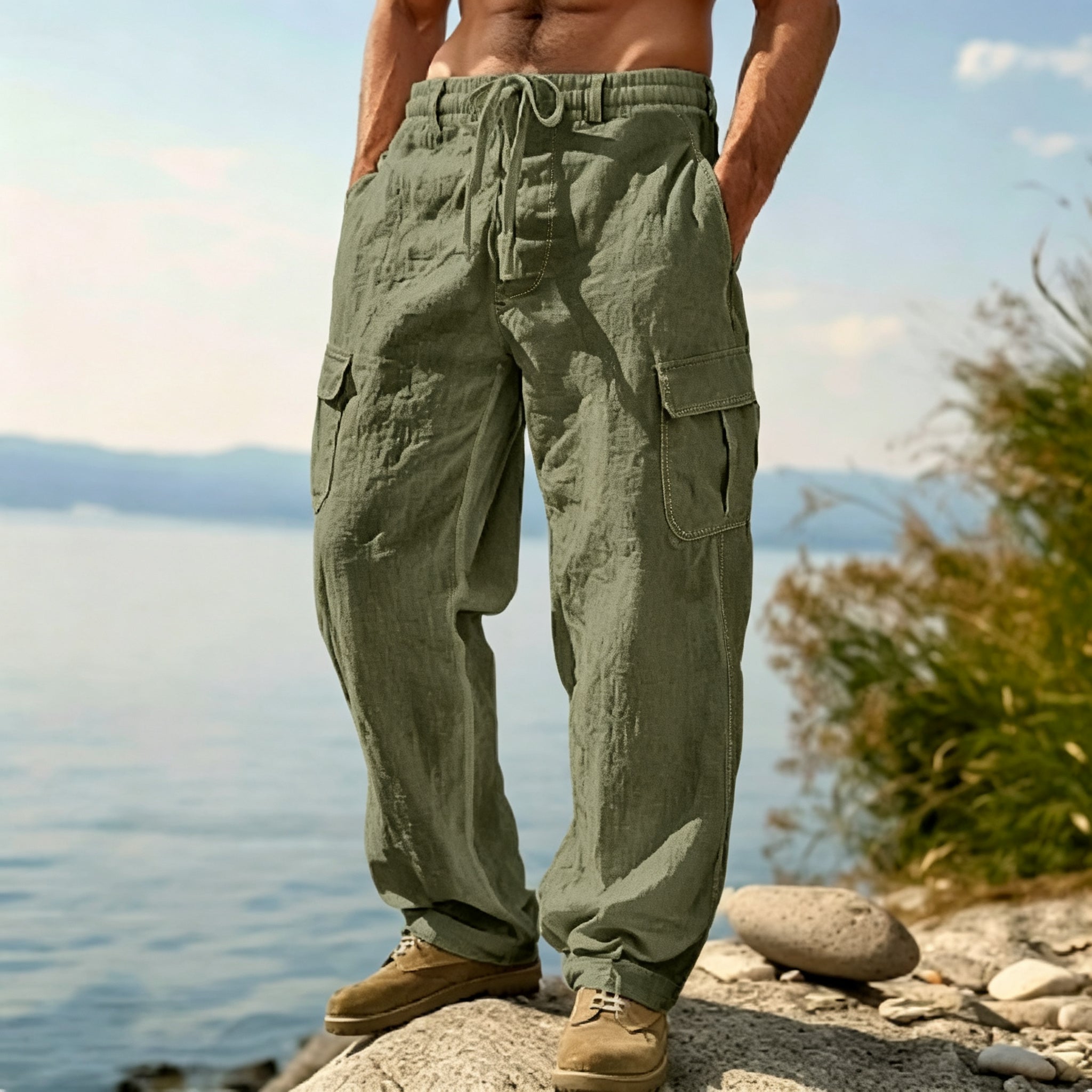 Men's Lightweight Linen Blend Drawstring Cargo Pants