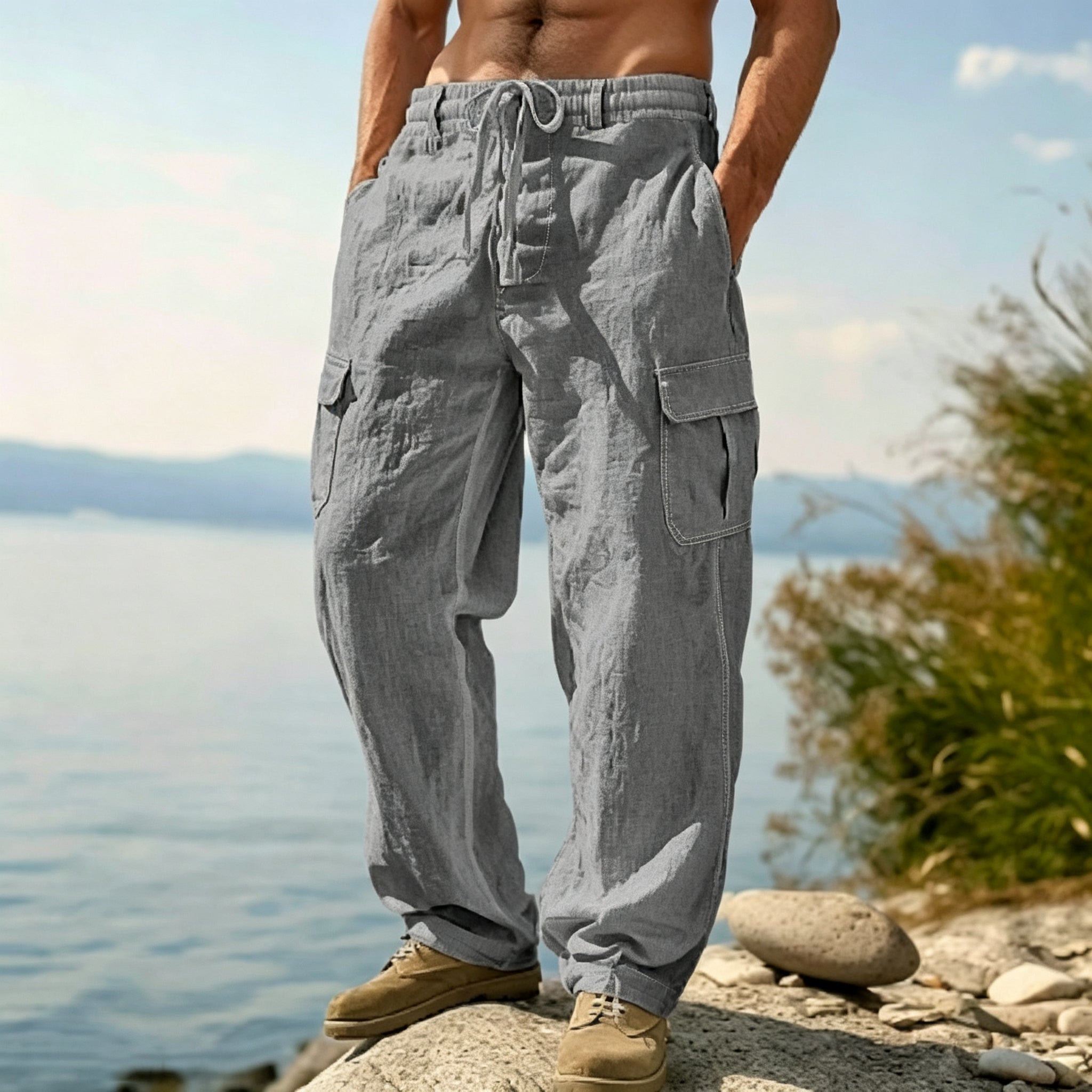 Men's Lightweight Linen Blend Drawstring Cargo Pants