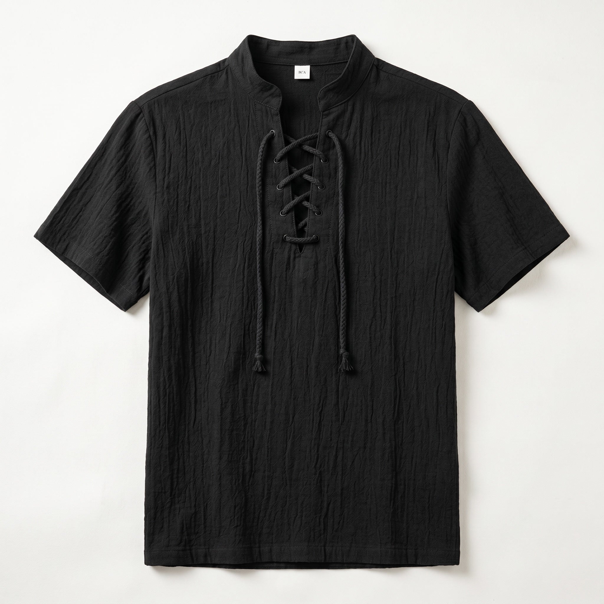 Men’s Textured Lace-Up Henley Shirt – Short Sleeve Linen Cotton Casual Fit Tee