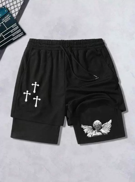 Vintage Cross Graphic Double-Layer Gym Shorts