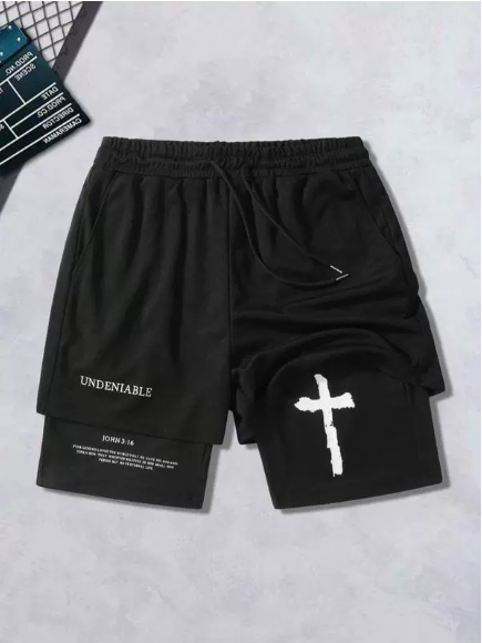 Vintage Cross Graphic Double-Layer Gym Shorts