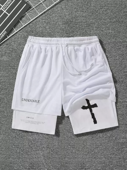Vintage Cross Graphic Double-Layer Gym Shorts