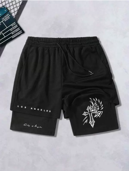 Vintage Cross Graphic Double-Layer Gym Shorts