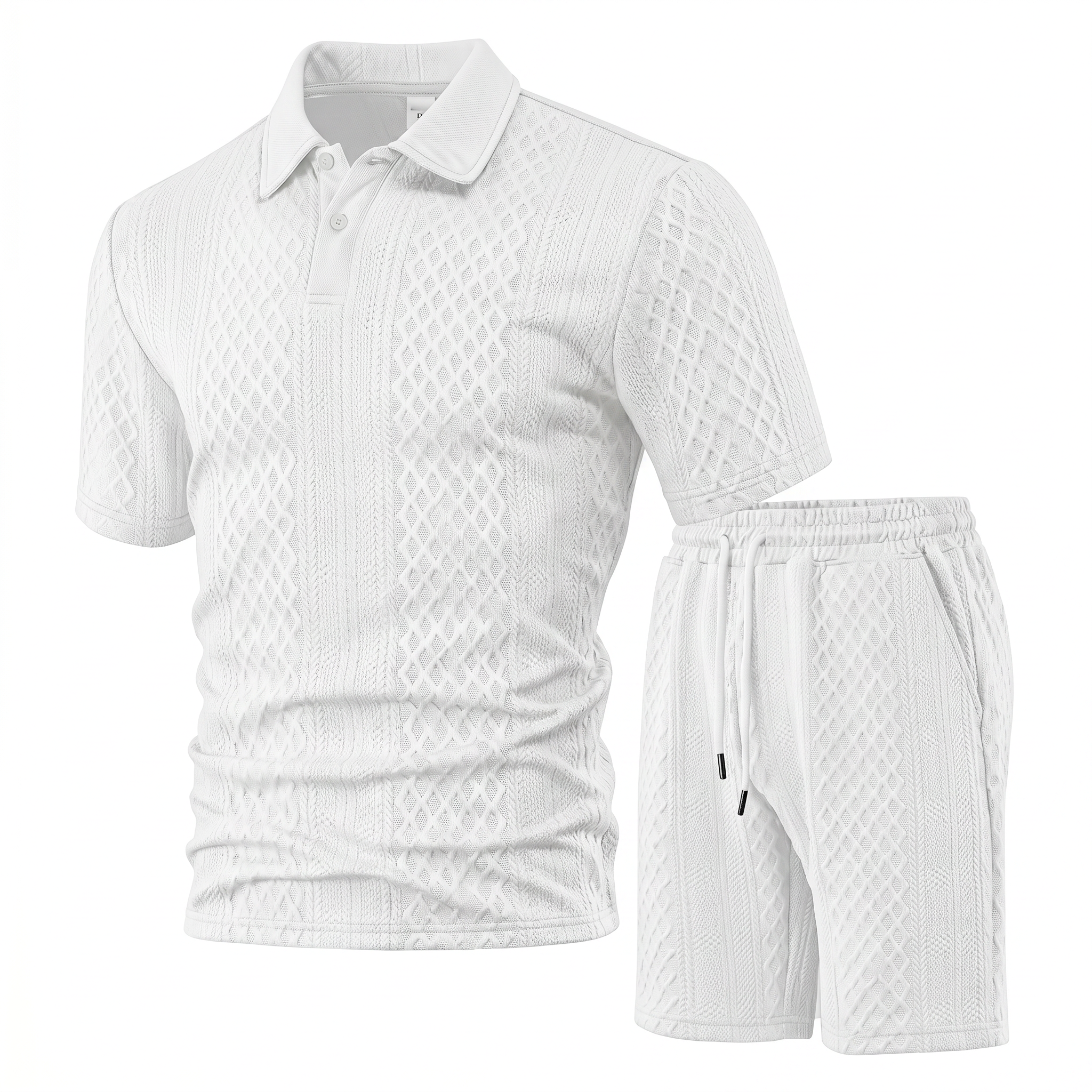 Men’s Textured Knit Polo Shirt & Shorts Set – Premium Casual Athletic Summer Outfit