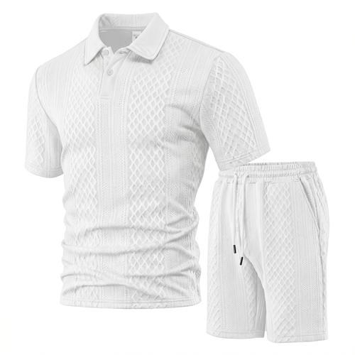 Men’s Textured Knit Polo Shirt & Shorts Set – Premium Casual Athletic Summer Outfit