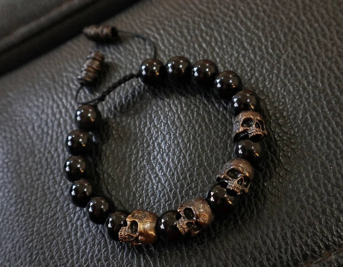 Black Onyx Beaded Skull Bracelet