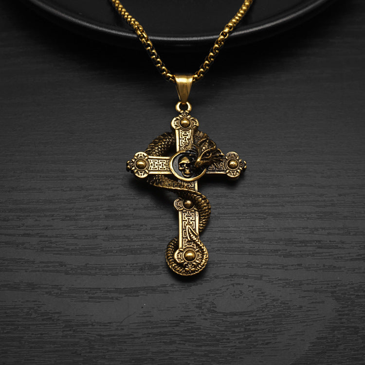 Gothic Dragon Wrapped Cross Pendant Necklace