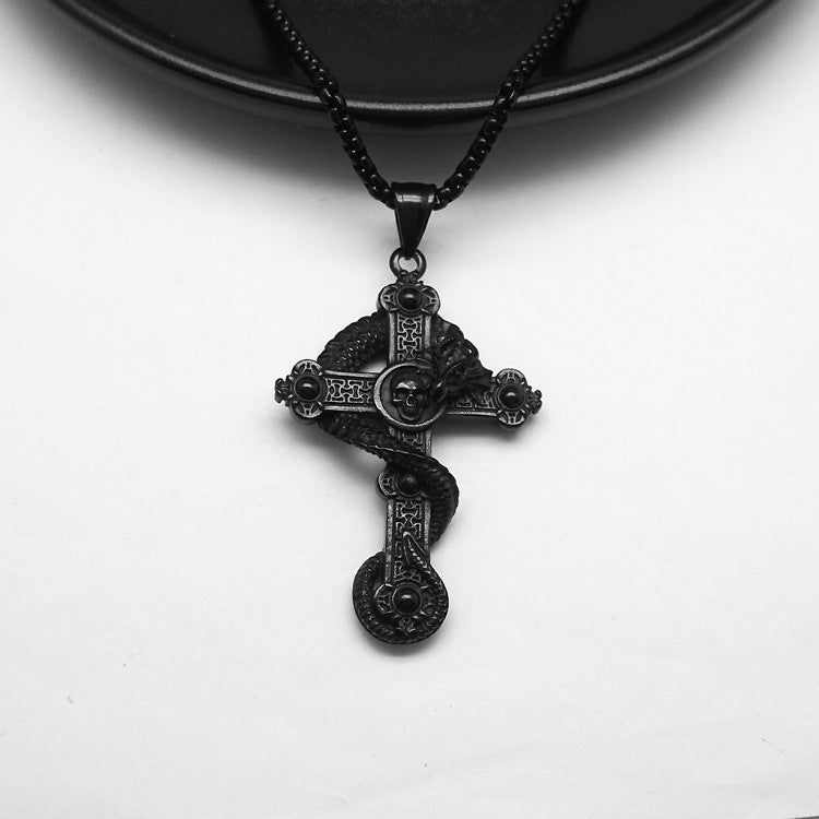 Gothic Dragon Wrapped Cross Pendant Necklace