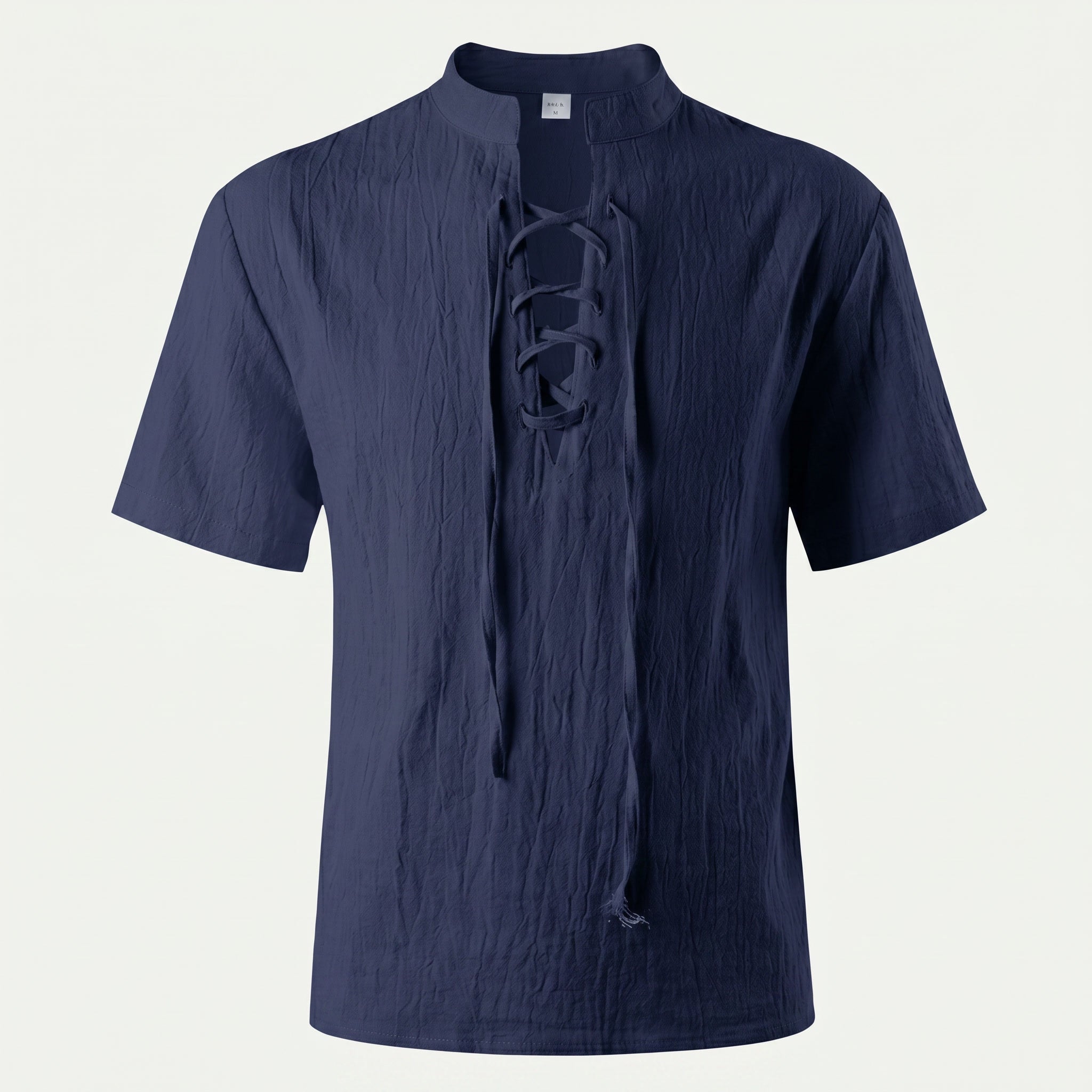 Men’s Textured Lace-Up Henley Shirt – Short Sleeve Linen Cotton Casual Fit Tee