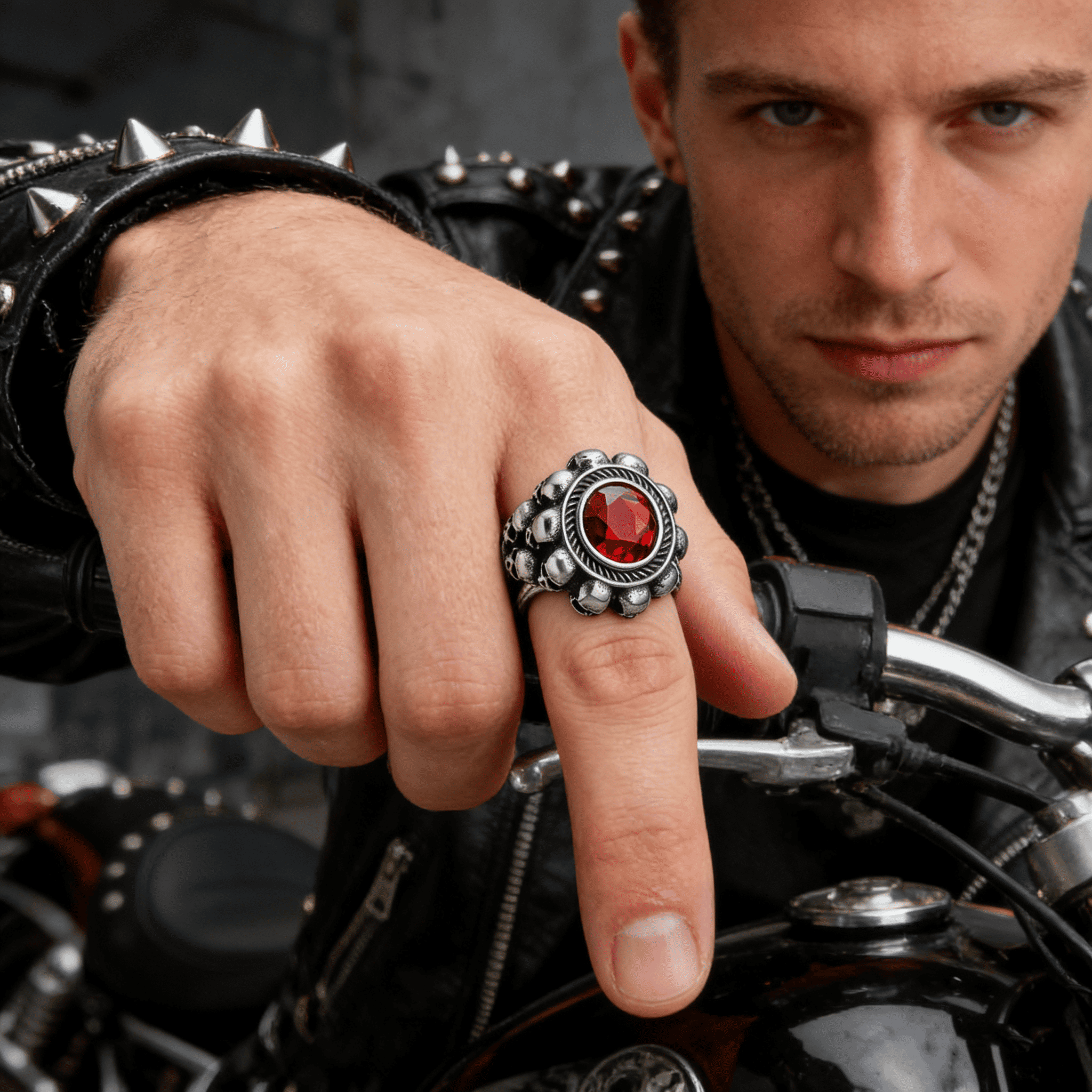 Red round gemstone skull ring