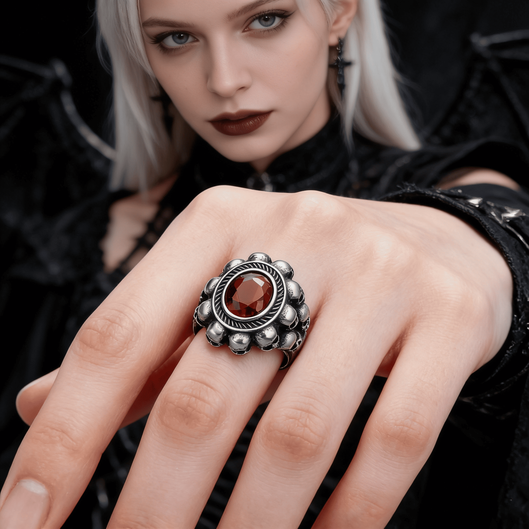 Red round gemstone skull ring
