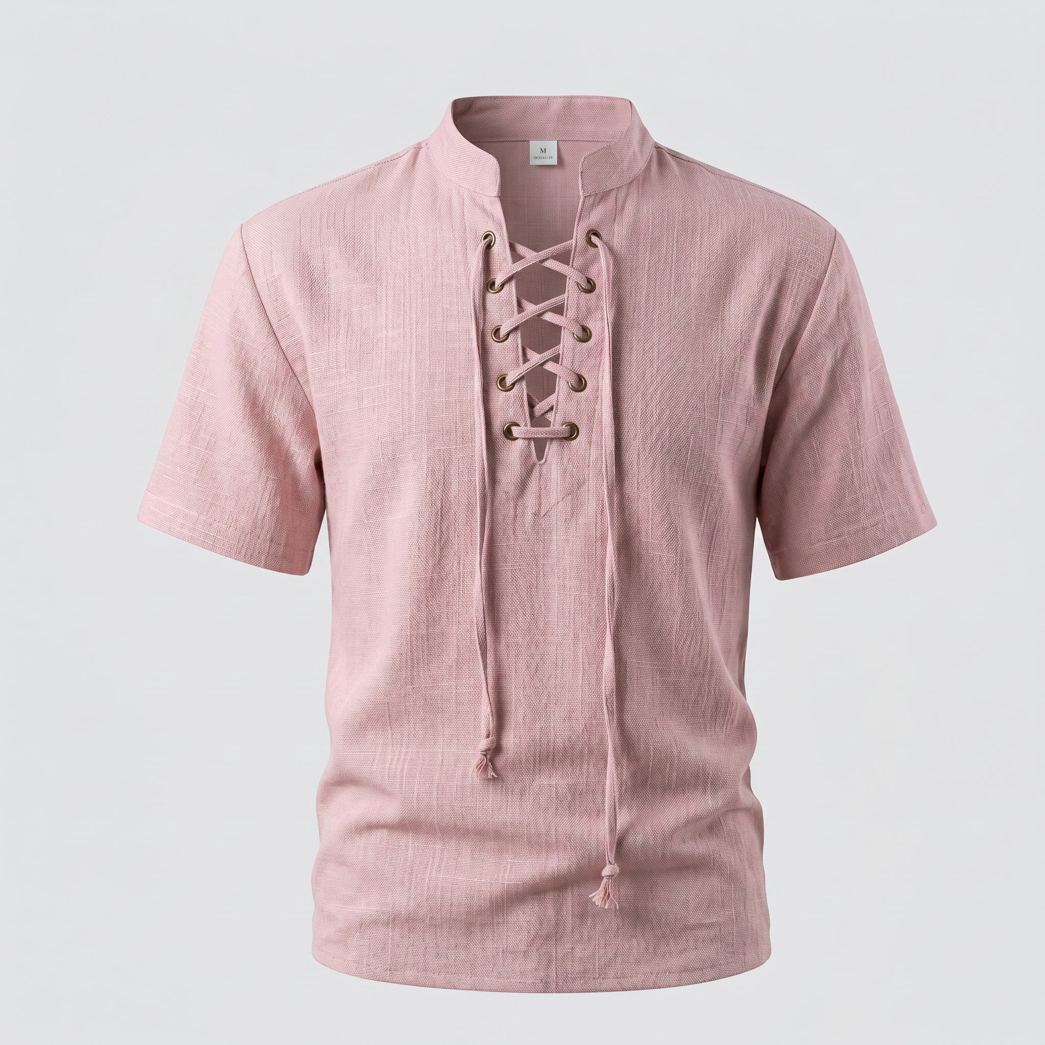 Men’s Textured Lace-Up Henley Shirt – Short Sleeve Linen Cotton Casual Fit Tee