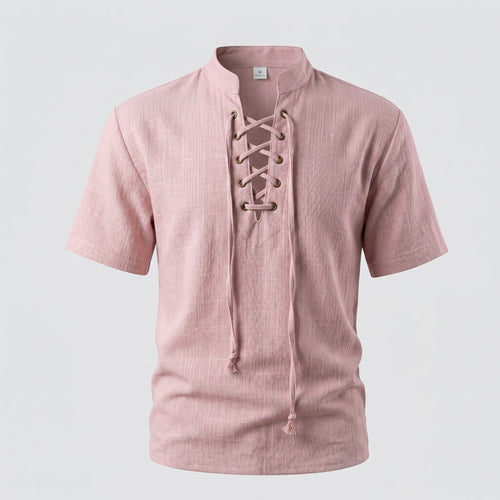 Men’s Textured Lace-Up Henley Shirt – Short Sleeve Linen Cotton Casual Fit Tee