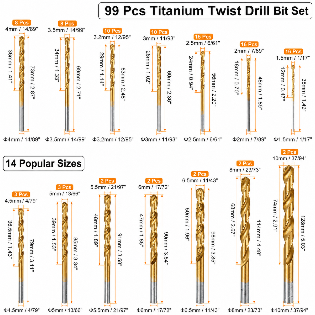 99-Piece Titanium-Coated HSS Drill Bit Set