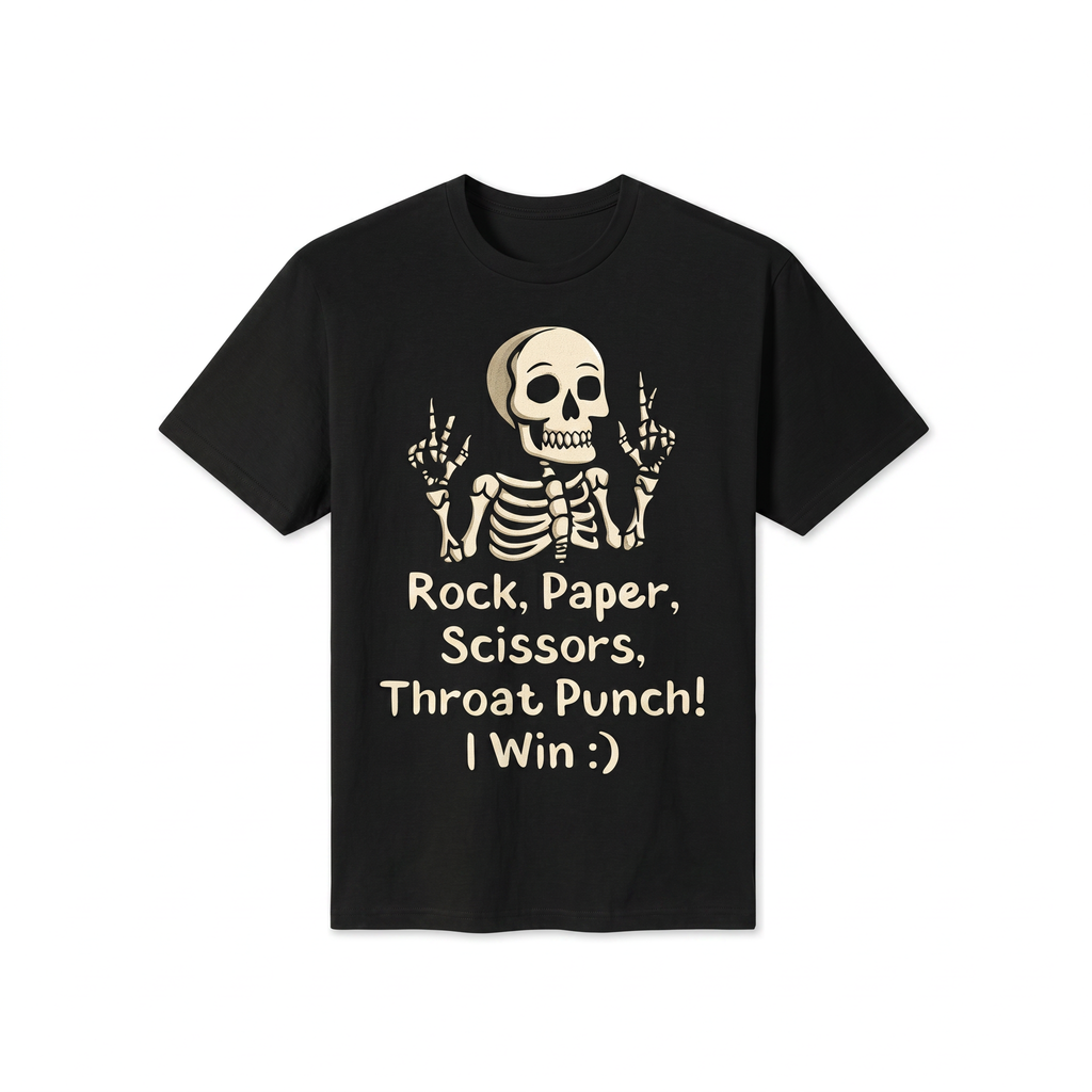Rock Paper Scissors Throat Punch Skeleton Graphic Tee – Dark Humor Meme Streetwear T-Shirt for Men