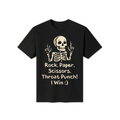 Rock Paper Scissors Throat Punch Skeleton Graphic Tee – Dark Humor Meme Streetwear T-Shirt for Men