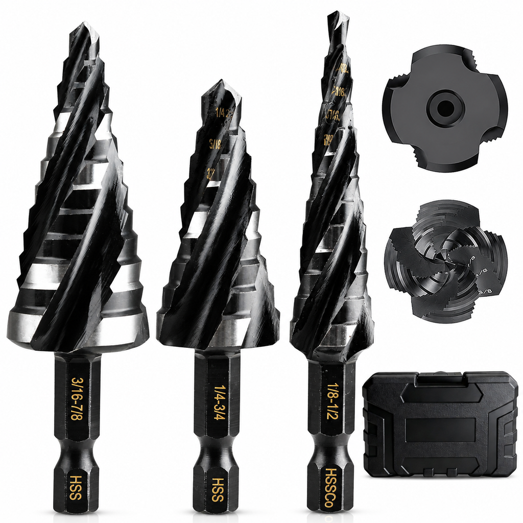 5-Piece Four-Flute Step Drill Bit Set — More Sizes, Less Switching