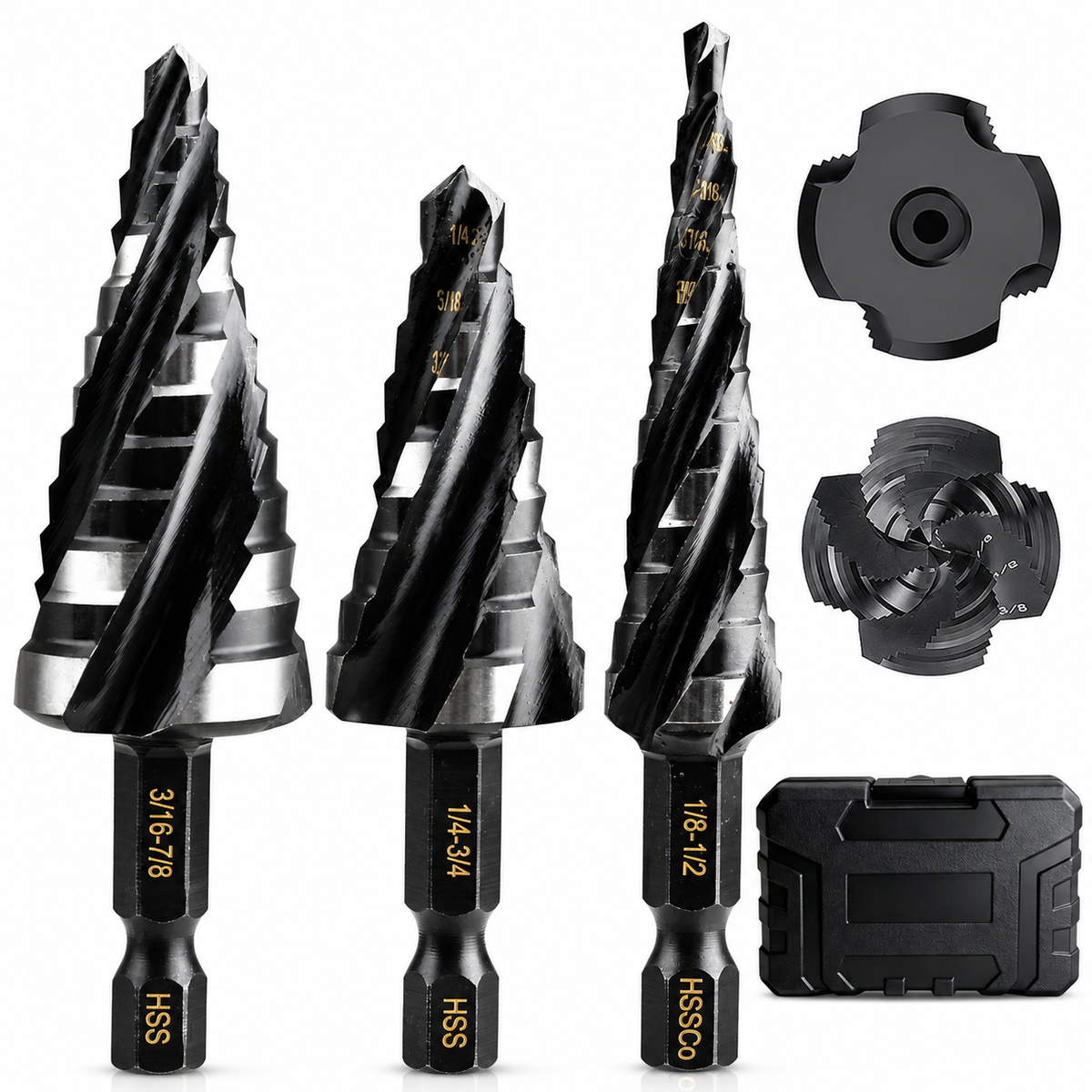 5-Piece Four-Flute Step Drill Bit Set — More Sizes, Less Switching