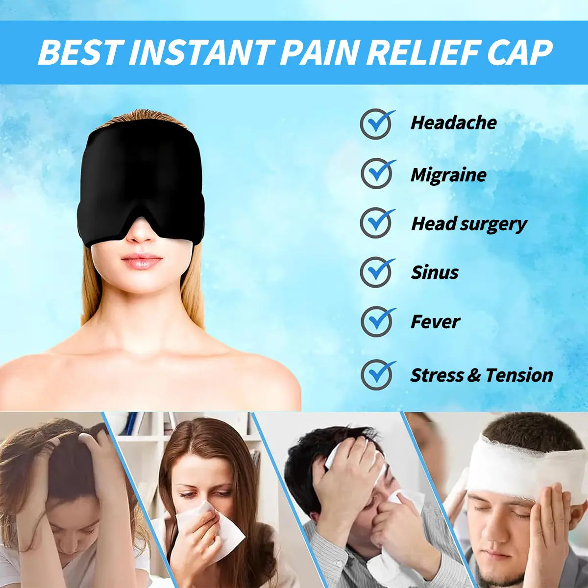 Ice packs and head coverings to relieve migraines