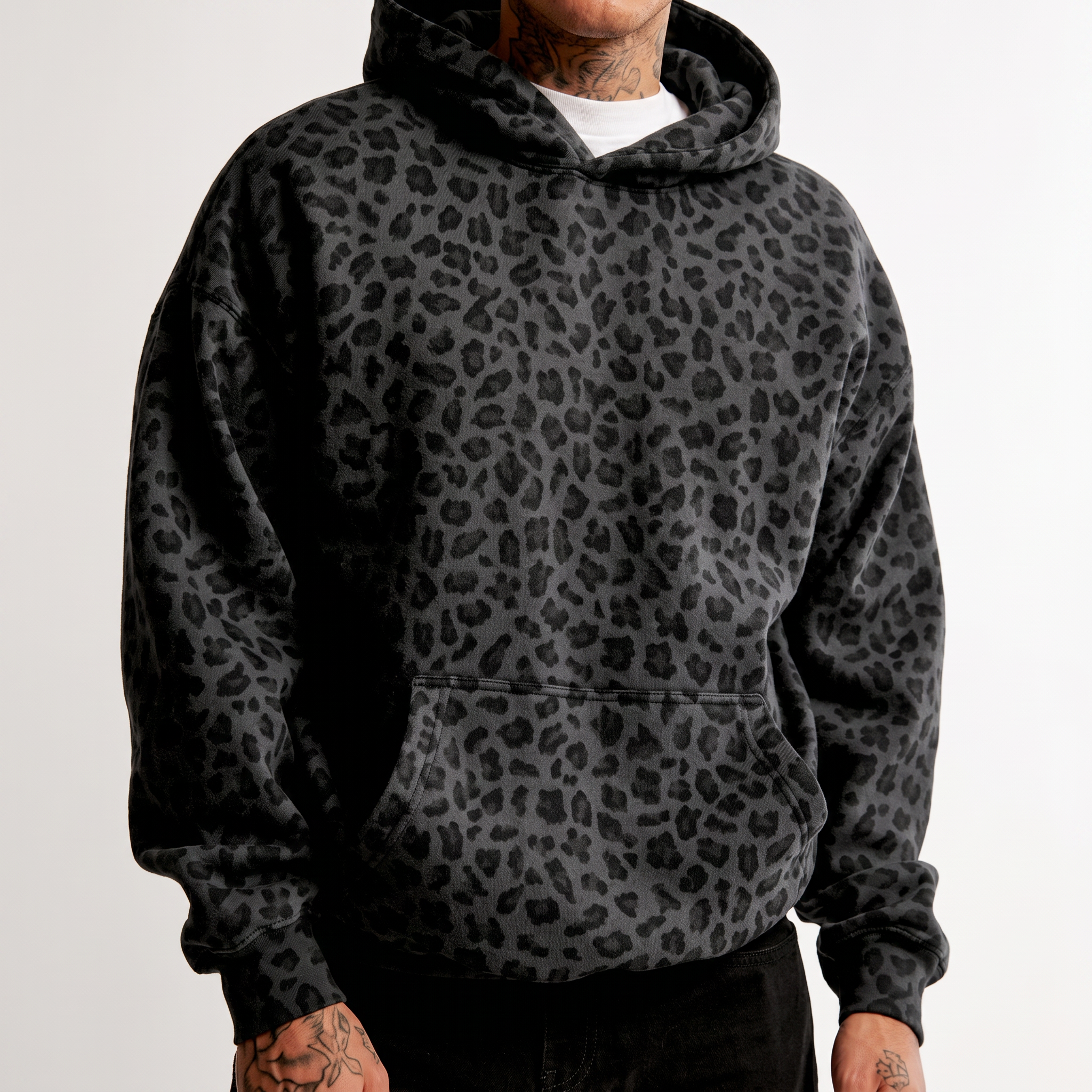 Men’s Leopard Print Oversized Hoodie – Vintage Streetwear Animal Pattern Pullover Sweatshirt