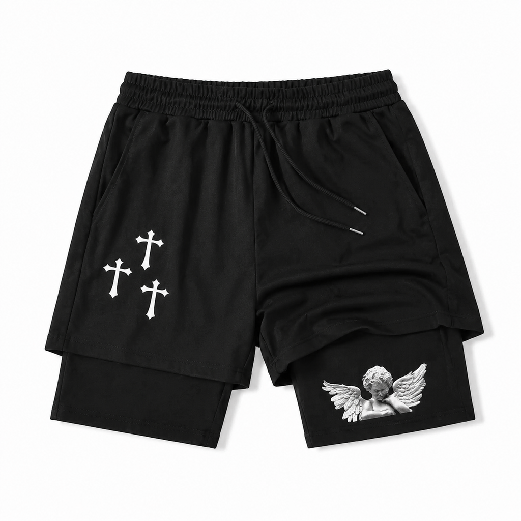 Vintage Cross Graphic Double-Layer Gym Shorts