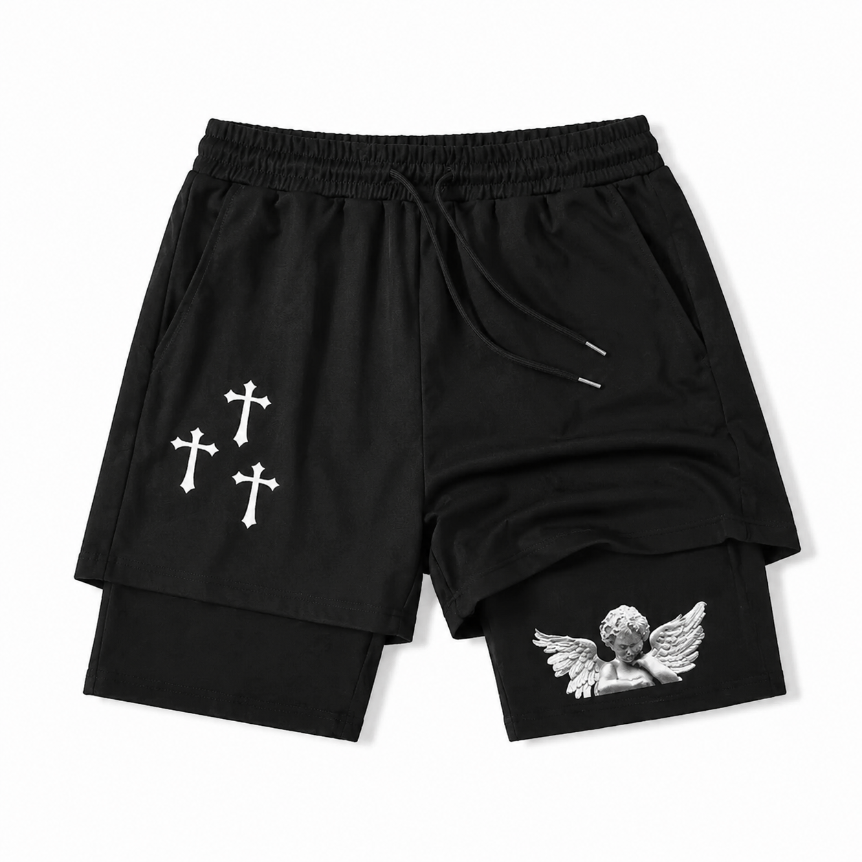 Vintage Cross Graphic Double-Layer Gym Shorts