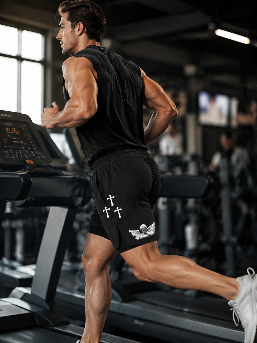 Vintage Cross Graphic Double-Layer Gym Shorts