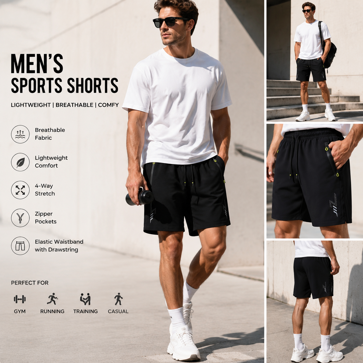 Men’s Tactical Running Shorts – Quick Dry Gym Shorts with Zipper Pockets